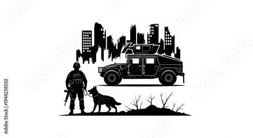 Soldier with Dog and Humvee in Destroyed Cityscape