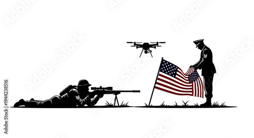 Soldier with drone and American flag, symbolizing modern warfare and patriotism