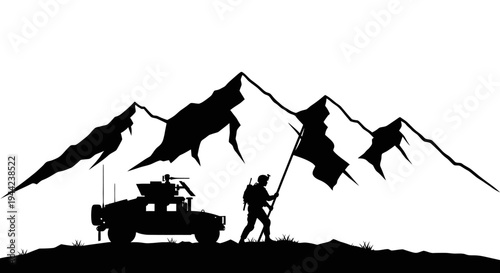 Soldier with Flag and Military Vehicle Silhouette on Mountain Landscape