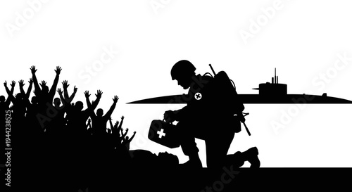 Soldier with first aid kit helping crowd near submarine