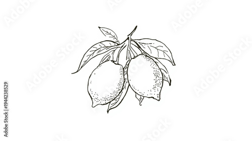Hand-drawn line art illustration of two lemons hanging from a leafy branch on a white background.