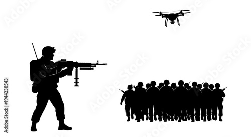 Soldier with Machine Gun and Drone Overseeing Military Troop Silhouette