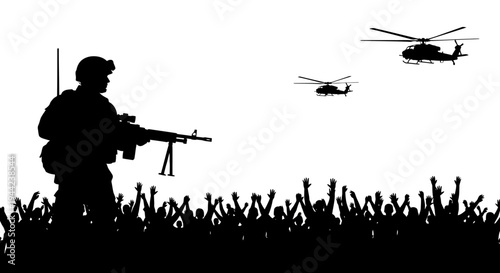 Soldier with Machine Gun and Helicopters Over Crowd Silhouette