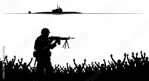 Soldier with Machine Gun Guards Crowd Under Submarine Silhouette