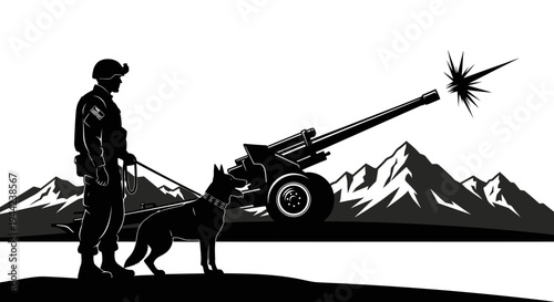 Soldier with military dog and cannon firing in mountains, black and white