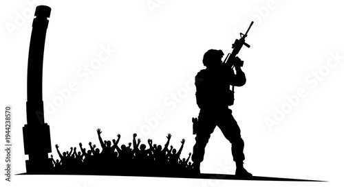 Soldier with Rifle and Crowd Silhouette, Protest, Conflict, Military Action