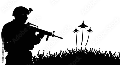 Soldier with Rifle and Fighter Jets Flying Over Cheering Crowd Silhouette