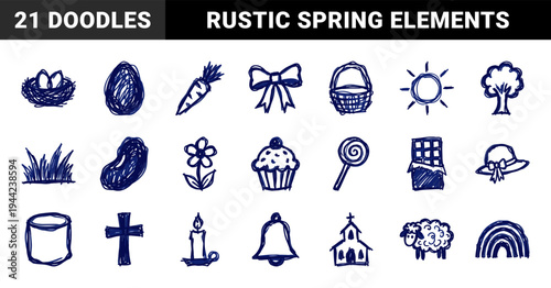 Hand-drawn Easter and spring celebration elements in a naive blue marker sketch style. Rustic, crude doodle illustrations featuring holiday traditions.