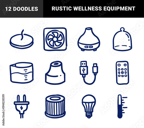 Hand-drawn essential oil and aromatherapy equipment for holistic wellness. Rustic naive marker sketch of diffusers, humidifiers, and wellness accessories.