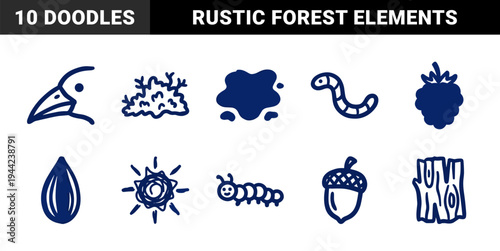 Hand-drawn nature and forest elements in a naive marker sketch style. Rustic organic doodles featuring woodland animals, seeds, and plants.