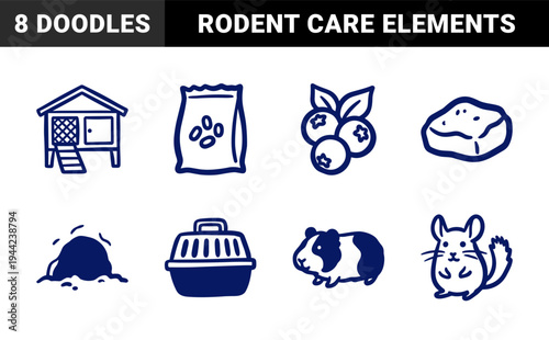 Small pet care and rodent husbandry elements in a naive hand-drawn doodle style. Rustic marker sketch illustrations of guinea pigs, chinchillas, and hutches.