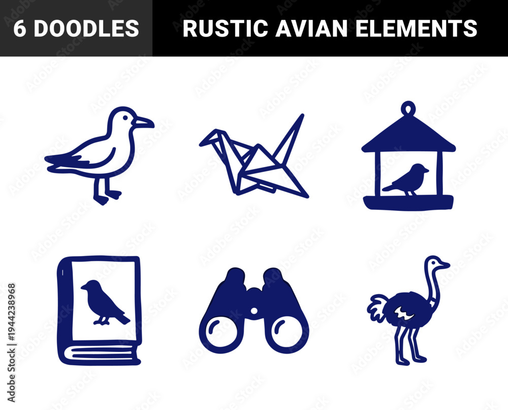 Fototapeta premium Hand-drawn birdwatching and avian elements for nature journals. Rustic naive marker sketch illustrations featuring seagull, crane, and ostrich.