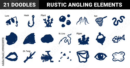 Hand-drawn fishing and angling elements for rustic brand identity. Naive marker sketch illustrations featuring aquatic gear and lake life concepts.