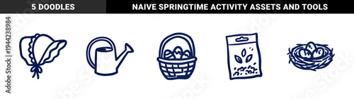 Hand-drawn spring and gardening elements for rustic brand identity. Naive marker sketch illustrations featuring Easter basket, nest, and seeds.