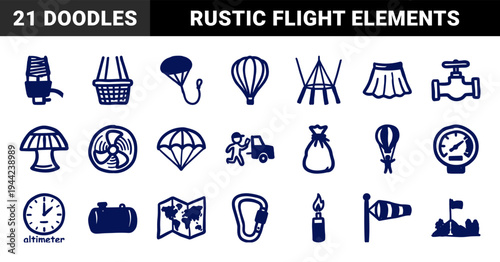 Hand-drawn hot air balloon and sky adventure elements for nostalgic branding. Rustic, naive marker sketch illustrations of flight and exploration.