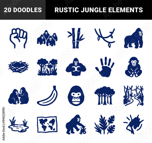 Hand-drawn gorilla and primate life elements in a rustic block-print style. Naive jungle wildlife doodles for organic conservation branding and nature education.