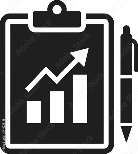 Business growth chart on clipboard with pen vector illustration, flat design