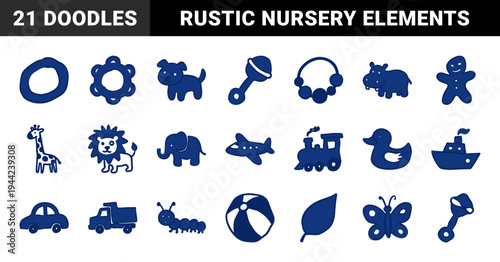 Hand-drawn baby toys and nursery animals for organic branding. Naive marker sketch illustrations featuring childhood and playroom concepts.