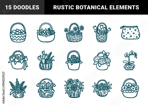Hand-drawn floral baskets and botanical arrangements for organic branding. Rustic naive marker sketch illustrations of spring blossoms and garden plants.