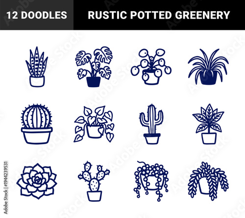 Hand-drawn botanical houseplant and succulent elements for organic brand identity. Rustic, naive marker sketch illustrations featuring indoor gardening concepts.