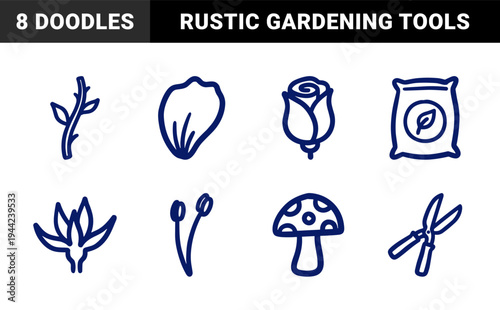 Hand-drawn botanical and gardening elements in a rustic marker sketch style. Naive organic rose, leaf, and pruning shear illustrations for natural branding.