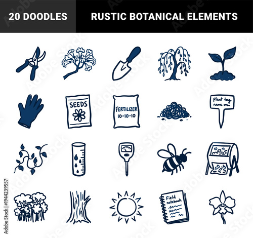 Hand-drawn gardening and botany elements for organic brand identity. Rustic, naive marker sketch illustrations featuring horticulture and plant care concepts.