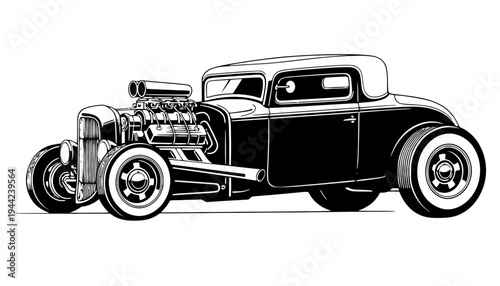 A black vintage hot rod car vector illustration with a large engine