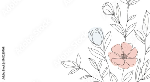 Pink Flower with Leaves and Stems.
