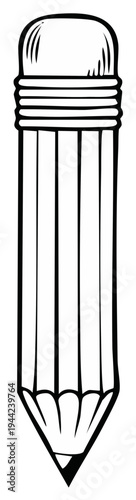 Black and white pencil illustration with eraser. School and stationery concept.