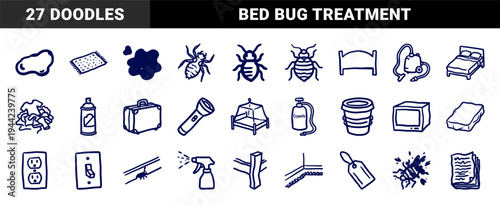 Bed bug infestation and pest control elements in a crude marker sketch style. Naive hand-drawn doodles for extermination services and hygiene.