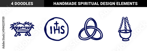Hand-drawn Christian religious symbols in a rustic navy blue marker sketch style. Naive doodle illustrations of the Eucharist, Nativity manger, thurible, and Trinity knot.