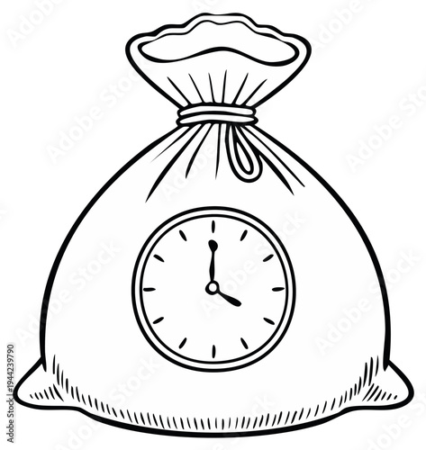 Bag with Clock Face Symbolizing Time is Money Concept