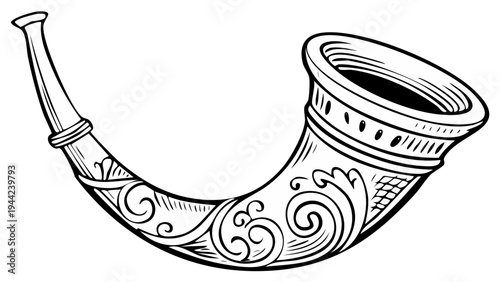 Detailed illustration of a classical hunting horn with floral and ornamental engravings