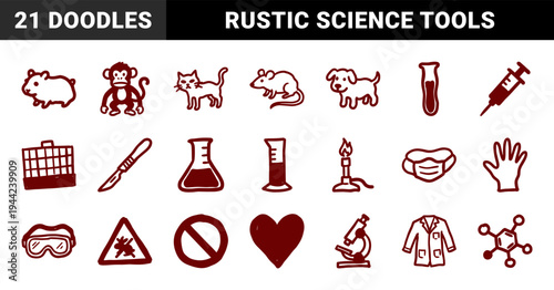 Lab animal research and veterinary science elements for educational branding. Crude hand-drawn marker sketch illustrations featuring biomedical testing concepts.