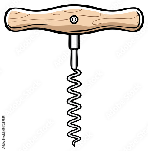 Vintage Corkscrew Tool with Wooden Handle for Opening Wine Bottles Illustration in Vector Format