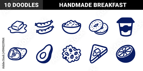 Hand-drawn breakfast and dairy food elements for organic brand identity. Rustic, naive marker sketch illustrations featuring morning meal concepts.