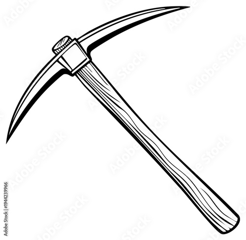 Illustrative drawing of a pointed pickaxe tool with a wooden handle