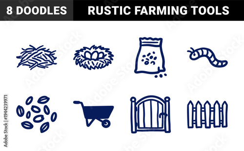 Hand-drawn rustic gardening and backyard farming elements for organic brand identity. Naive marker sketch illustrations of nests, seeds, and tools.