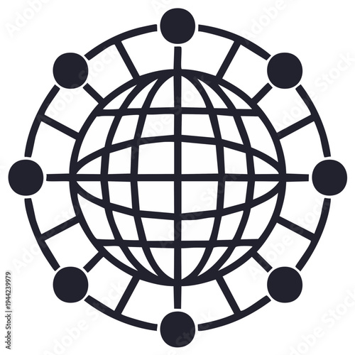 Global network concept: Globe surrounded by connected nodes, representing worldwide connections and communication.
