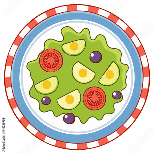 Fresh salad with tomatoes, olives, and boiled eggs on a plate, cartoon illustration.