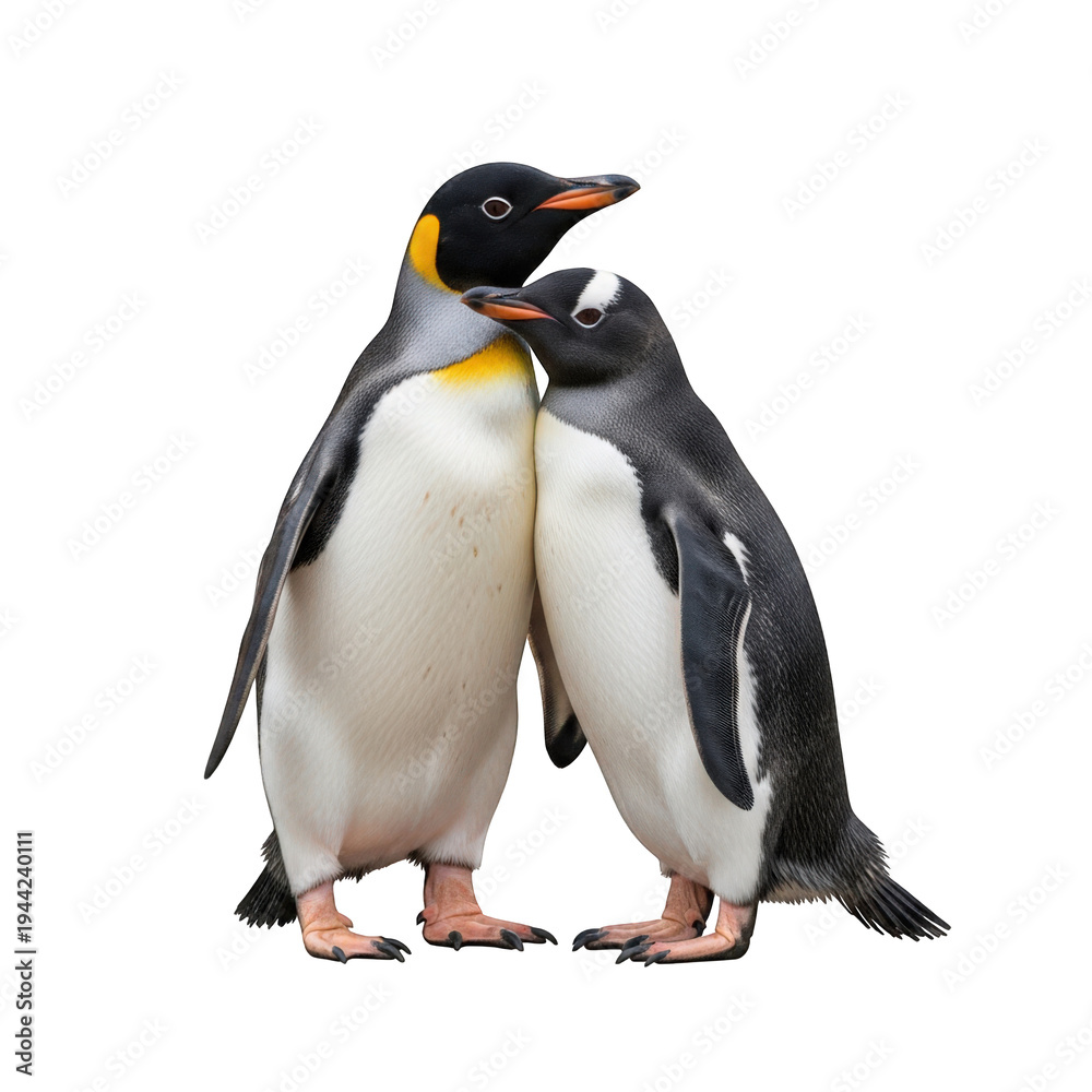 Obraz premium Two penguins standing together in a tender moment isolated on transparent background