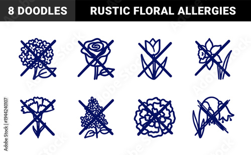 Hand-drawn floral allergy and forbidden plant elements for health awareness. Naive marker sketch illustrations of crossed out garden flowers.