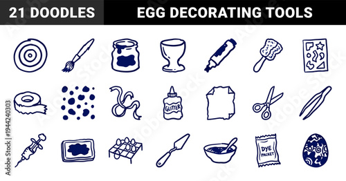 Easter egg decorating supplies and craft tools in a naive doodle style. Rustic hand-drawn marker sketches for festive DIY holiday projects.