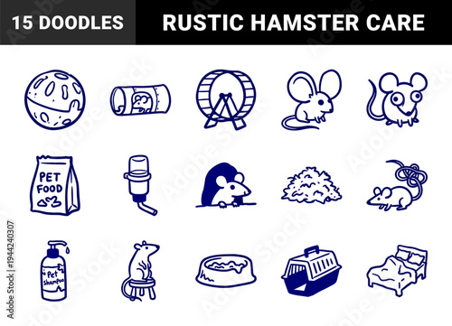 Hand-drawn pet rodent and small animal care elements for domestic pet branding. Naive marker sketch illustrations of hamster and mouse life.
