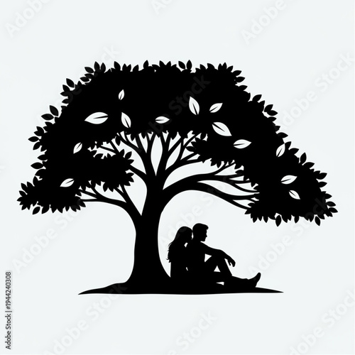 Couple Sitting Under Tree Silhouette.