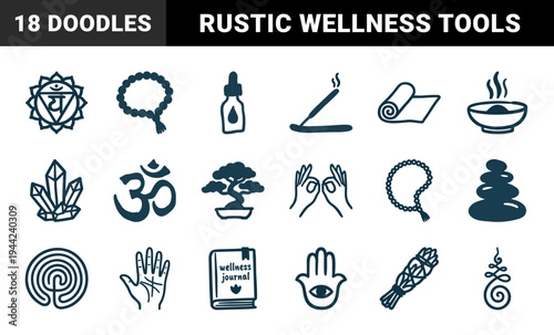 Mindful wellness and spiritual zen elements for holistic branding. Rustic hand-drawn naive doodle illustrations featuring yoga and meditation concepts.