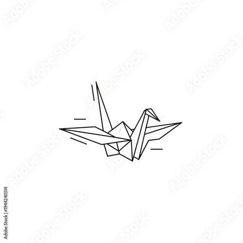 Black Origami Crane on White Background.