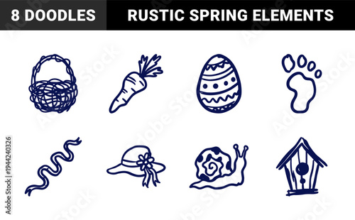 Hand-drawn Easter and spring garden elements in a naive marker sketch style. Rustic, clumsy doodle illustrations for seasonal branding and organic crafts.