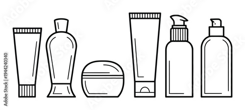 Collection of cosmetic product containers, including tubes, bottles, and jars