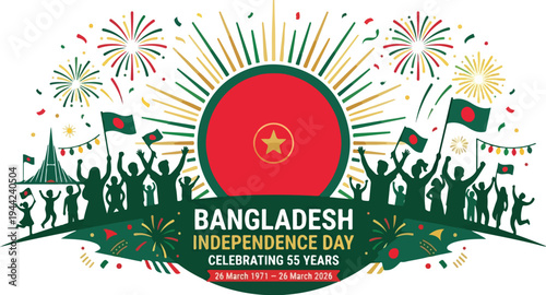 Vibrant illustration of Bangladesh Independence Day celebration with fireworks and flags on a white background.